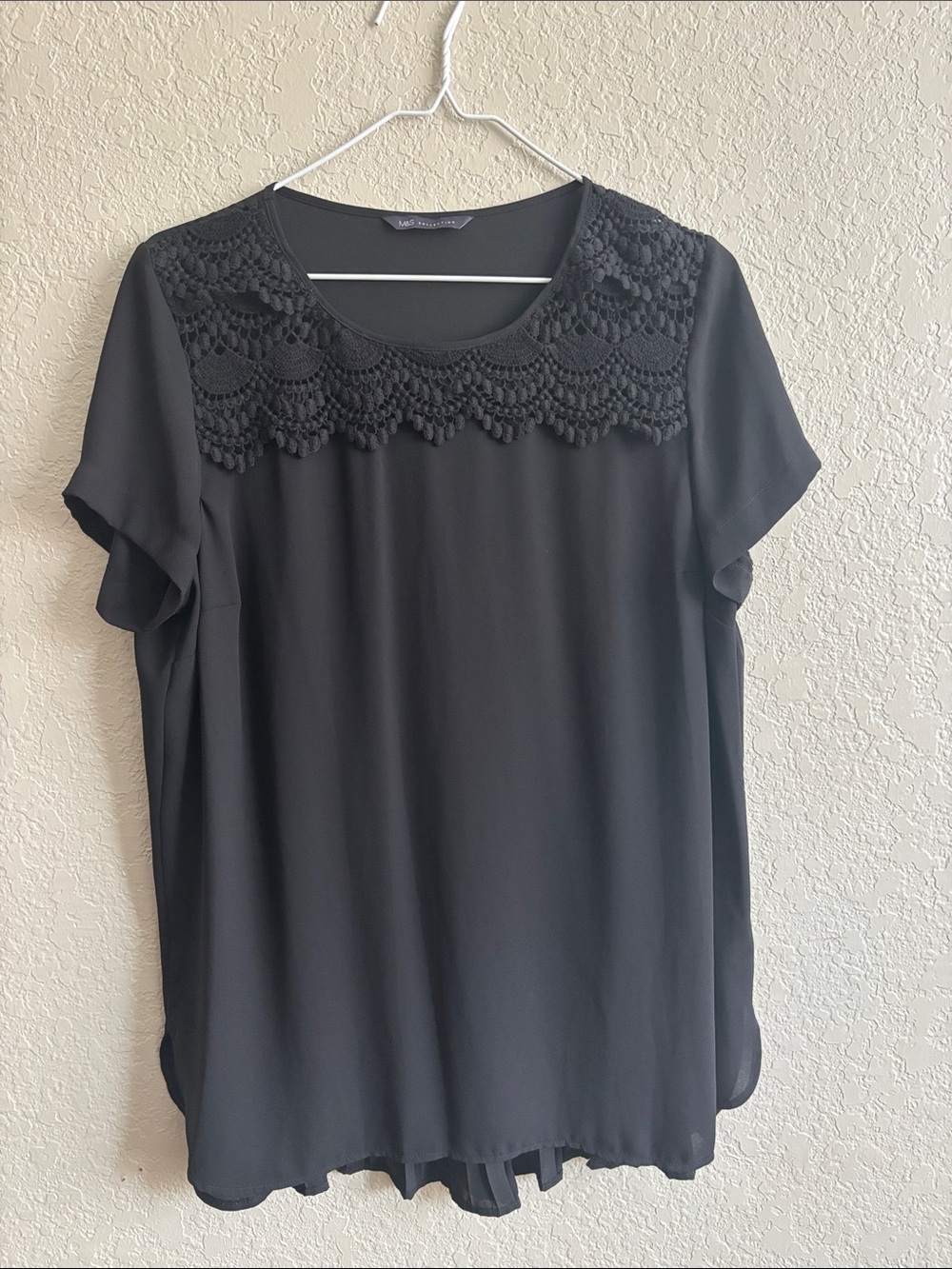 Black Crochet-Yoke Short Sleeve Blouse